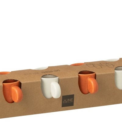 Conjunto de quatro chávenas pequenas de cerâmica laranja e branca em embalagem castanha
