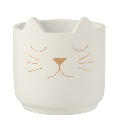 Vaso cerâmico branco com rosto de gato desenhado em dourado