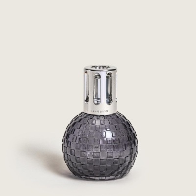 Frasco redondo cinza texturizado com tampa metálica prateada