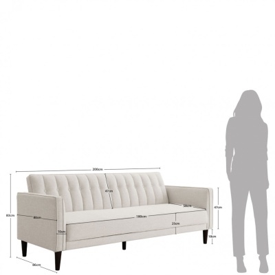 Sofá bege com braços quadrados e encosto acolchoado, com medidas indicadas.