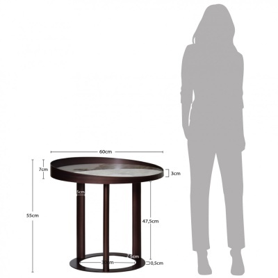Mesa de centro redonda com tampo em mármore e base em madeira escura