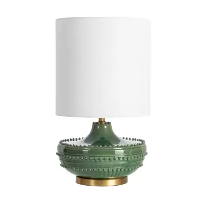 Abajur com base cerâmica verde com bolinhas e cúpula branca.