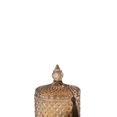 Vela amarela em vidro castanho com textura geométrica e tampa com tassel