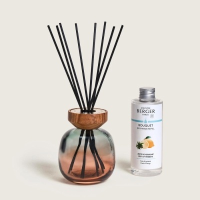 Conjunto de ambientador com frasco de vidro bicolor, tampa de madeira e frasco de recheio plástico MAISON BERGER PARIS