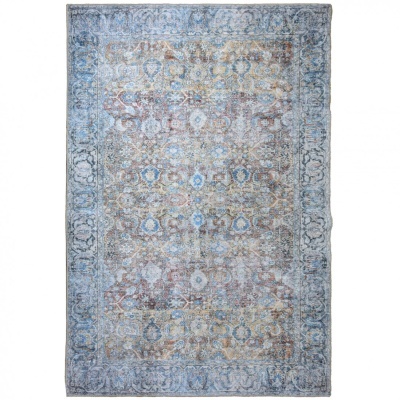 Tapete decorativo azul e bege com padrão floral e geométrico