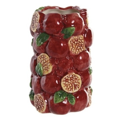 Vaso cerâmico decorativo com padrão de romãs vermelhas e folhas verdes