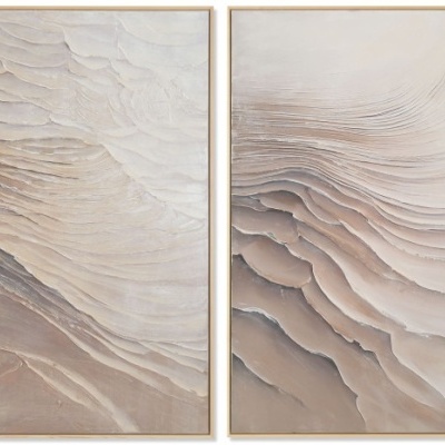 Duas pinturas abstratas em tons neutros com textura ondulada em molduras claras