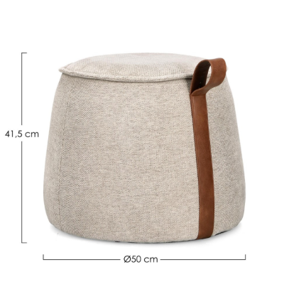 Pufe redondo de tecido bege com alça em pele castanha