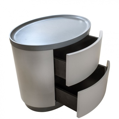 Mesa de apoio redonda com duas gavetas cinzentas e tampo oval metálico cinzento