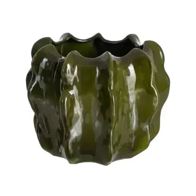 vaso decorativo verde em cerâmica vidrada com formato ondulado