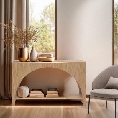 Aparador de madeira clara com vasos decorativos e livros numa sala iluminada por luz natural