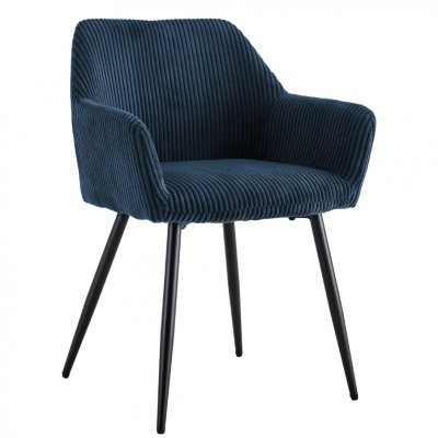 cadeira azul estofada com pernas metálicas pretas