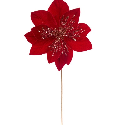 Flor artificial vermelha com glitter em fundo branco