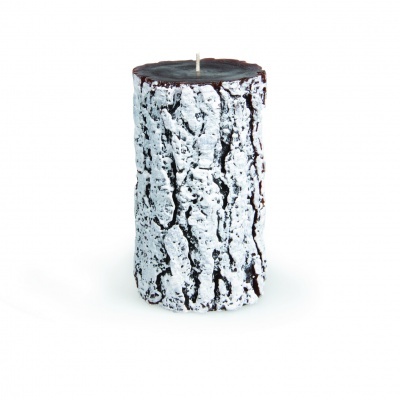 Vela cilíndrica com textura de casca de árvore, branco e castanho escuro