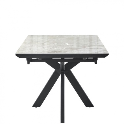 Mesa quadrada com tampo de mármore cinzento e base preta de metal