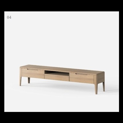 móvel baixo de madeira clara com dois compartimentos e um espaço aberto