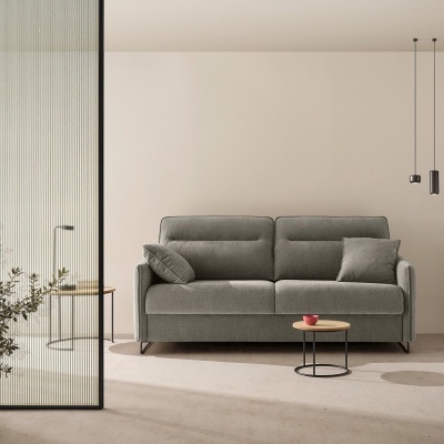 Sofá cinzento com duas almofadas, mesa redonda pequena, planta em vaso, sala minimalista