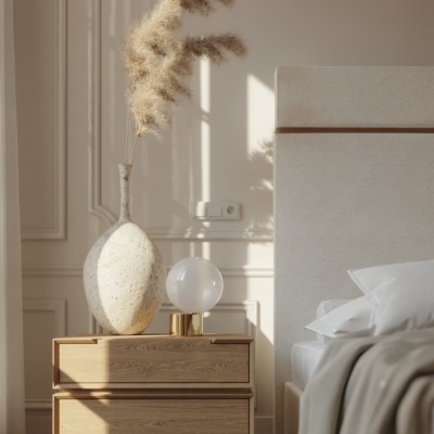 Mesa de cabeceira em madeira clara com vaso decorativo e candeeiro, ao lado de cama estofada creme.