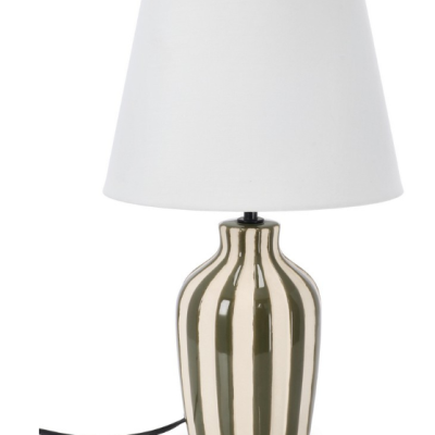 Candeeiro de mesa com base cerâmica riscada castanha e branca e cúpula branca