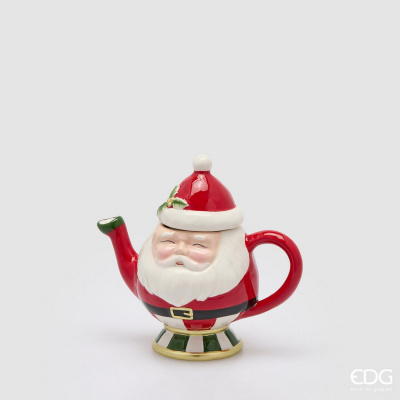 Chaleira cerâmica Pai Natal vermelha, branca, verde e preta com tapa chapéu