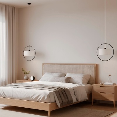 Quarto moderno com cama de madeira clara e roupa de cama branca e cinzenta