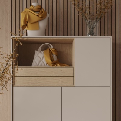 Móvel de arrumação moderno com bolsa branca, lenço amarelo e vaso com ramos secos