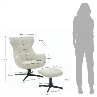 Poltrona e apoio para pés com esquema de dimensões e silhueta humana para escala