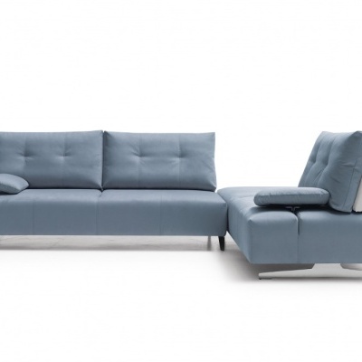 Sofá de canto moderno azul cinzento com apoios de braços e pernas metálicas