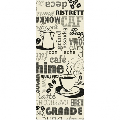 tecido/papel decorativo com padrão de café, desenhos de cafeteira, chávena e texto em várias fontes