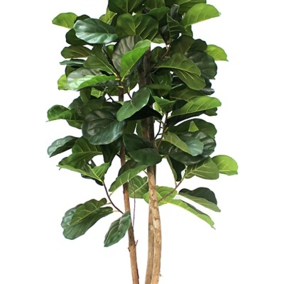 Planta artificial com folhas verdes largas num vaso preto