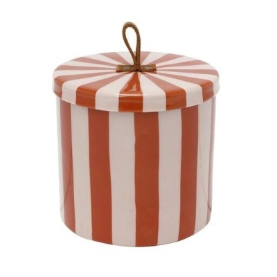 Recipiente cerâmico redondo riscado vermelho e branco com tampa e cordão como pega