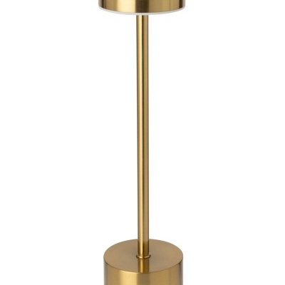 Escultura decorativa em metal dourado com base cilíndrica e topo circular