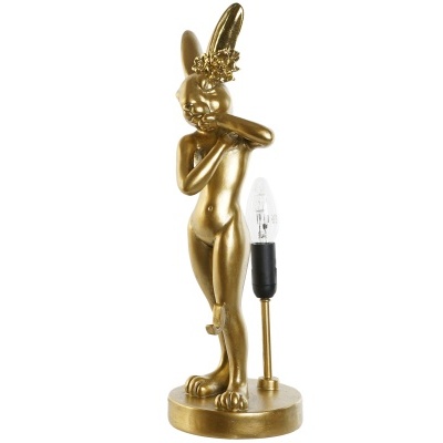 Abajur decorativo dourado em forma de coelho humanoide com coroa de flores