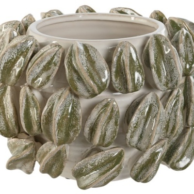 Vaso cerâmico branco com decoração verde em relevo