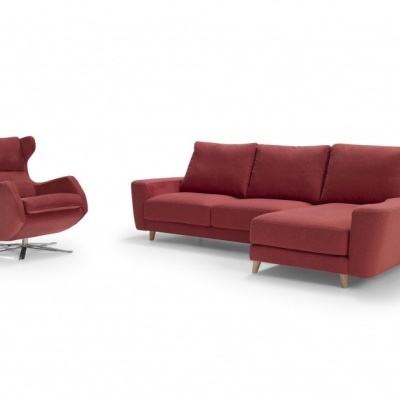 Sofá chaise longue vermelho com poltrona giratória vermelha