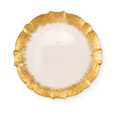 Prato redondo branco com bordo dourado texturado