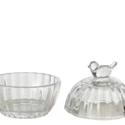 Conjunto em vidro transparente com taça e tampa decorada com pássaro.