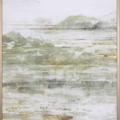 Quadro abstrato com moldura de madeira clara e pintura em tons de verde, branco, cinza e dourado