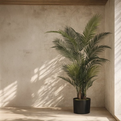 Planta decorativa em vaso preto contra parede bege com sombras