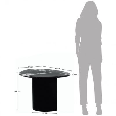 Mesa de apoio redonda em mármore preto com base cilíndrica preta e medidas indicadas.