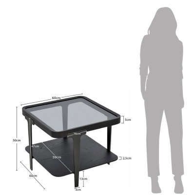 Mesa de centro quadrada com tampo de vidro e prateleira preta