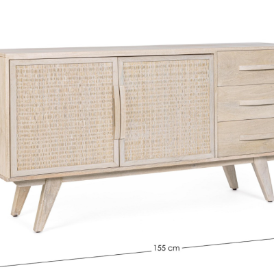 Aparador de madeira claro com portas trançadas e gavetas