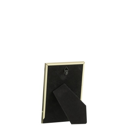 Moldura fotográfica dourada vista de trás com suporte preto