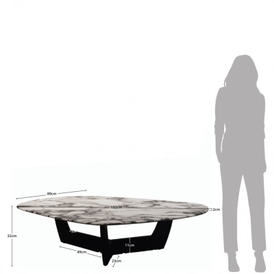 Mesa oval de centro com tampo em mármore branco e cinzento e base metálica preta.