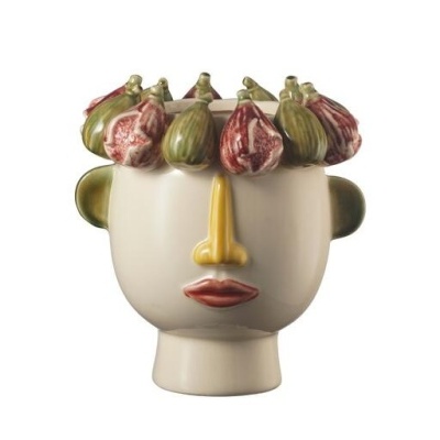 Vaso decorativo em cerâmica em forma de rosto humano com figos no topo