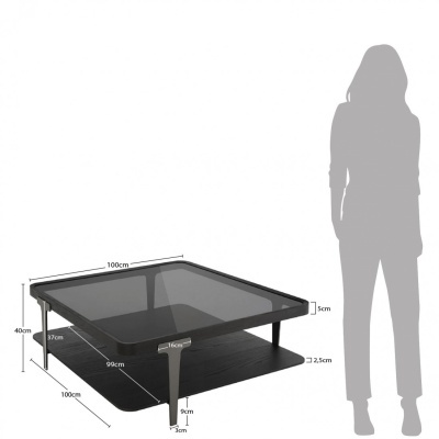 Mesa de centro quadrada com tampo de vidro preto e prateleira inferior de madeira escura