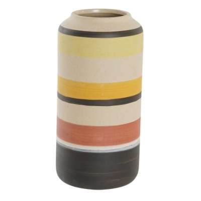 Vaso cilíndrico com riscas coloridas em cerâmica
