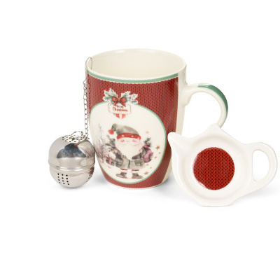 Conjunto de chá natalício com caneca de cerâmica, infusor metálico e base em forma de bule