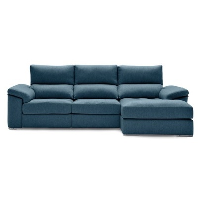 Sofá chaise longue azul escuro em tecido com almofadas acolchoadas