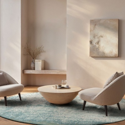 Sala com poltronas bege, mesa de centro redonda e tapete azul claro